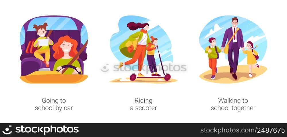 Family daily routine isolated cartoon vector illustration set. Going to school by car, riding a scooter, walking to school together, child on carseat, children with backpacks vector cartoon.. Family daily routine isolated cartoon vector illustration set