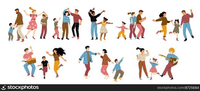 Family dance, rejoice, fun, home party concept with happy parents and kids characters dancing together. Father or mother with children playing guitar and drums, Cartoon linear flat vector illustration. Family dance, rejoice, fun, home party concept