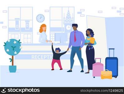 Family Dark-skinned Tourists Husband, Wife, Little Son and Daughter Arrived with Luggage to their Place Travel and Awaiting Help, Instructions from Foreign Consultant, Cartoon Flat.
