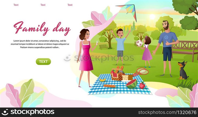 Family Day Cartoon Vector Horizontal Web Banner with Happy Parents Resting Together in Park, Children Playing Ball, Launching Kite on Green Meadow Illustration. Father and Mother on Picnic with Kids