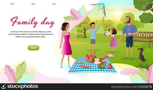 Family Day Cartoon Vector Horizontal Web Banner with Happy Parents Resting Together in Park, Children Playing Ball, Launching Kite on Green Meadow Illustration. Father and Mother on Picnic with Kids
