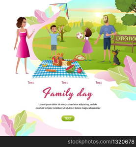 Family Day Cartoon Vector Square Web Banner with Happy Parents Resting Together in Park and Children Playing Ball, Launching Kite on Green Meadow Illustration. Father and Mother on Picnic with Kids