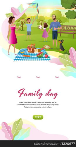 Family Day Cartoon Vector Vertical Mobile App Web Banner Template With Happy Parents Resting Together in Park, Children Playing Ball, Launching Kite Illustration. Father and Mother on Picnic with Kids