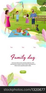 Family Day Cartoon Vector Vertical Mobile App Web Banner Template With Happy Parents Resting Together in Park, Children Playing Ball, Launching Kite Illustration. Father and Mother on Picnic with Kids