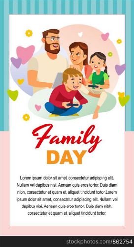 Family Day Greeting Card, Poster or Vertical Banner Cartoon Vector Template with Happy Parents Spending Time with Kids. Father and Mother Using Laptop while Children Playing Computer Game Illustration