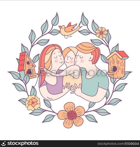 Family day. Happy family. Vector illustration.. Happy family. Vector illustration for the international family day. Happy parents and their children. Framed with flowers and branches. Flowers, birds, birdhouse.