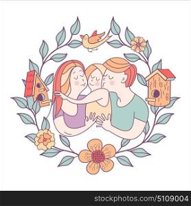 Family day. Happy family. Vector illustration.. Happy family. Vector illustration for the international family day. Happy parents and their children. Framed with flowers and branches. Flowers, birds, birdhouse.