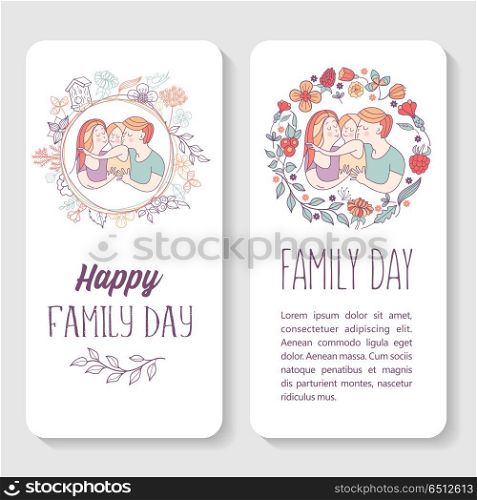 Family day. Happy family. Vector illustration.. Happy family. Vector illustration for the international family day. Happy parents and their children. Framed by a floral wreath.