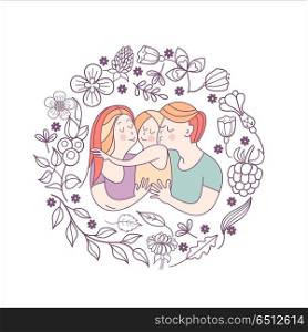 Family day. Happy family. Vector illustration.. Happy family. Vector illustration for the international family day. Happy parents and their children. Framed by a floral wreath.