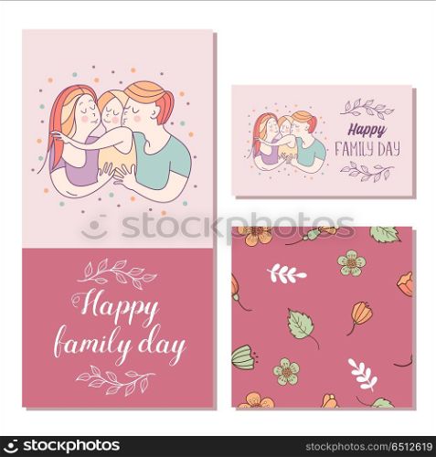 Family day. Happy family. Vector illustration.. Happy family. Vector illustration for the international family day. Happy parents and their children. Seamless pattern of spring flowers.