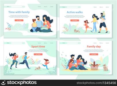 Family Day, Leisure, Sport Time, Active Walks Horizontal Banner Set. Happy People Spend Time Together. Mother, Father and Kids Healthy Lifestyle, Outdoor Activity. Cartoon Flat Vector Illustration. Family Day, Leisure, Sport Time, Active Walks