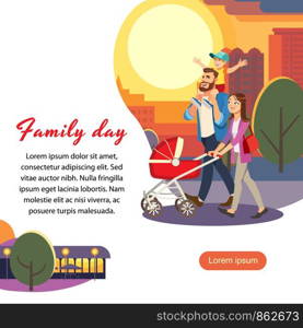 Family Day Out Cartoon Cartoon Vector Square Web Banner or Landing Page with Happy Mother Strolling with Baby Carriage, Father Riding Boy on Shoulders. Parents Evening City Walk, Family Touristic Trip