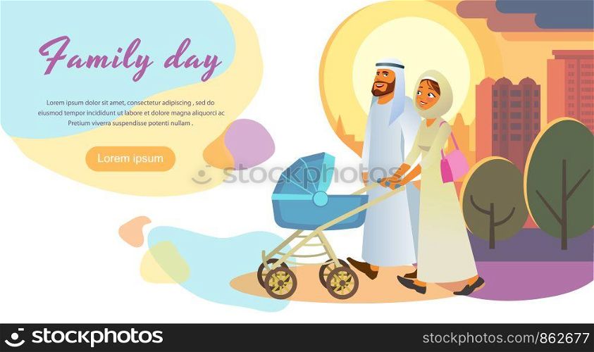 Family Day Out Horizontal Vector Web Banner or Landing Page with Muslim Father and Mother in Arabian Ethnic Clothes Walking with Baby Carriage Cartoon Illustration. Parents Stroll with Child Concept