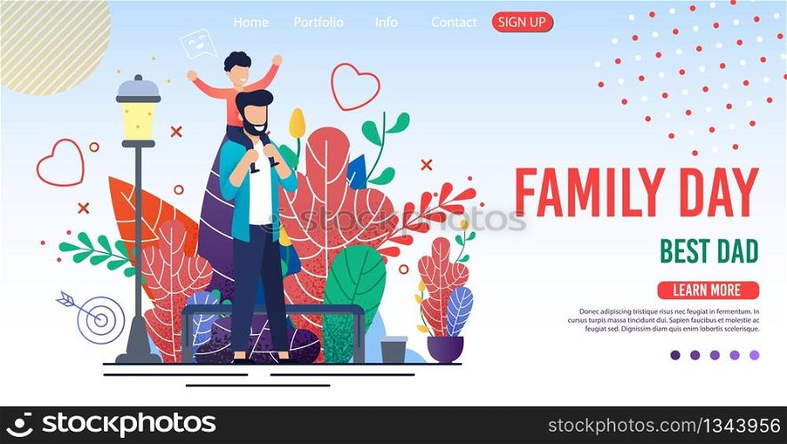 Family Day Trendy Flat Design for Landing Page. Cartoon Happy Father Walking with Child Son on Shoulders. Childhood and Parenthood. Spending Time Together and Recreation. Vector Illustration. Family Day Trendy Flat Design for Landing Page