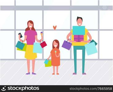 Family day vector, sale in supermarket. Man and woman with child with bags. Mother and father with kid eating ice cream, supermarket shop or store. Family Shopping People, Mother and Father Kids