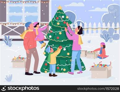 Family decorate xmas tree flat color vector illustration. New Year activity for parents and kids. Christmas celebration in yard. Caucasian 2D cartoon characters with home backyard on background. Family decorate xmas tree flat color vector illustration