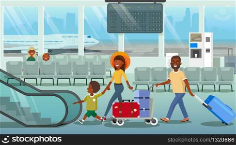 Family Departure or Arrival in Airport Cartoon Vector Concept with African-American Parents with Little Child Carrying Baggage, Walking to Escalator in Airport. Tourists Hurrying to Boarding Airplane