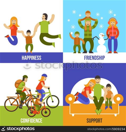 Family design concept set with happiness friendship confidence support flat icons isolated vector illustration. Family Design Concept