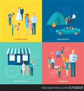Family design concept set with shopping vacation and childbearing flat icons isolated vector illustration. Family Concept Set