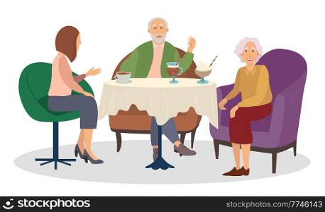 Family dinner at home vector illustration. Relatives drinking coffee and eating an ice cream. Granddaughter communicates with grandparents isolated on white background. Characters are sitting together. Family dinner at home vector illustration. Relatives drinking coffee and eating an ice cream