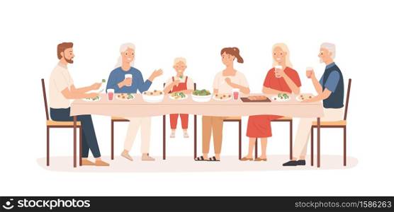 Family dinner. Grandparents, parents and kids sitting at holiday table, happy people eating delicious food, vector concept. Illustration mother and father with big family have dinner. Family dinner. Grandparents, parents and kids sitting at holiday table, happy people eating delicious food, vector concept