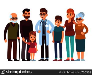 Family doctor. Big happy health family with therapist, patients parents kids healthcare professional service, healthy smiling people in hospital flat vector design. Family doctor. Big happy health family with therapist, patients parents kids healthcare professional service, flat vector design