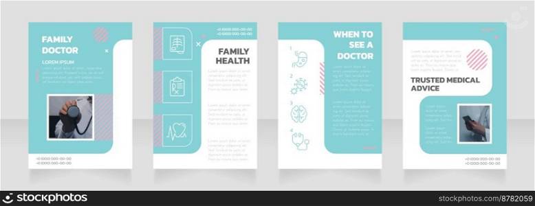 Family doctor brochure design with photo. Primary care physician. Template set with copy space. Flyer layout ready to use. Editable 4 paper pages. Kanit Bold, Josefin Sans Regular fonts used. Family doctor brochure design with photo