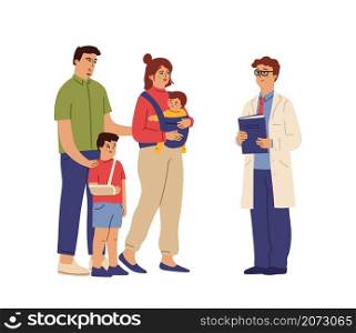 Family doctor. Clinical consulting, medical person with patients. Pediatric help, medicine swanky care for kids adults vector illustration. Medical clinic professional, diagnosis for baby consultation. Family doctor. Clinical consulting, medical person with patients. Pediatric help, medicine swanky care for kids adults vector illustration