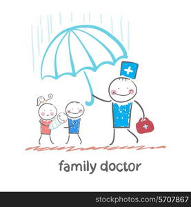 family doctor holding an umbrella from the rain on her mother, father and child