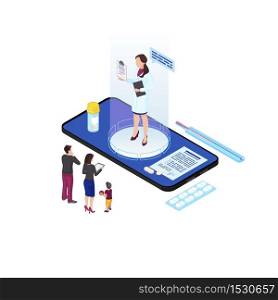 Family doctor hologram isometric illustration. Cartoon parents and child communicating with remote general practitioner. Telemedicine specialist making prescription online, consulting patients