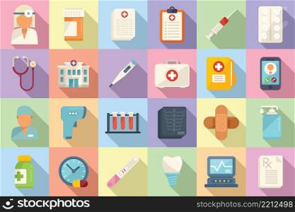 Family doctor icons set flat vector. Hospital health. Medicine care. Family doctor icons set flat vector. Hospital health