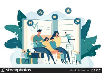 Family doctor. Pediatrician. Big mom, dad and children are sitting on the chair. Little doctors explore health. Modern digital illustration design