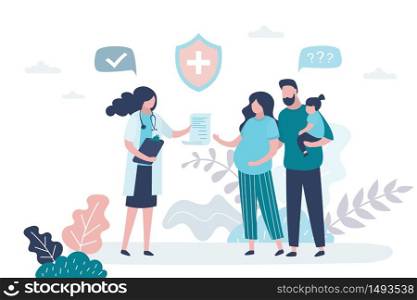 Family doctor. Pregnant woman at the gynecologist&rsquo;s appointment. Consultation and recommendations of a physician. Prenatal medicine,female and male characters. Trendy vector illustration