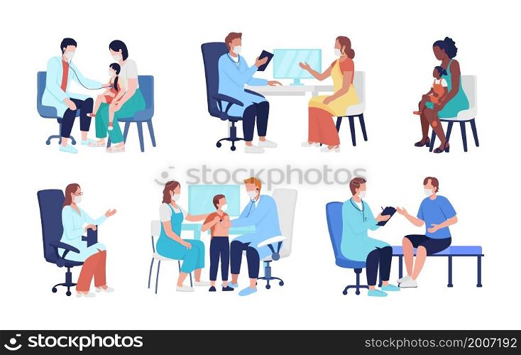 Family doctor semi flat color vector character set. Posing figures. Full body people on white. Healthcare isolated modern cartoon style illustration for graphic design and animation collection. Family doctor semi flat color vector character set