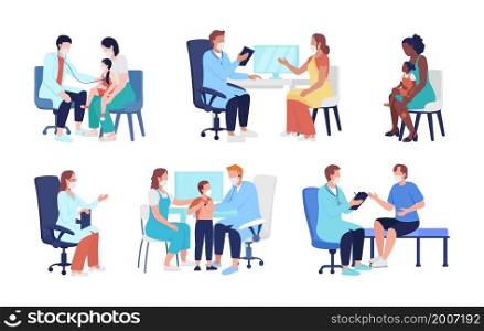 Family doctor semi flat color vector character set. Posing figures. Full body people on white. Healthcare isolated modern cartoon style illustration for graphic design and animation collection. Family doctor semi flat color vector character set