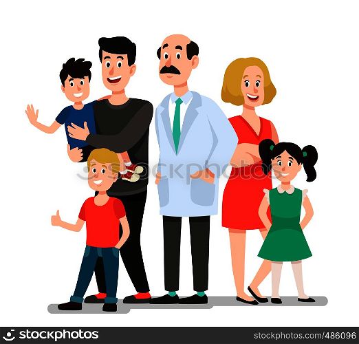 Family doctor. Smiling happy patients family portrait with dentist, smiling healthy children. Pediatrics doctors caring, patients family standing with doctor cartoon vector illustration. Family doctor. Smiling happy patients family portrait with dentist, smiling healthy children cartoon vector illustration