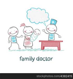 family doctor treats the mother, father and child