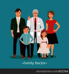 Family doctor vector illustration. Young happy patients and smiling practitioner portrait medicine concept. Family doctor medicine concept