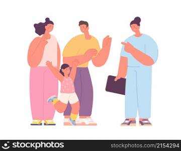 Family doctor visit. Cute smiling people, happy jumpin child patient. Health care, physician or dentist and parents with child vector scene. Illustration of care patient, professional kids medicine. Family doctor visit. Cute smiling people, happy jumpin child patient. Health care, physician or dentist and parents with child utter vector scene