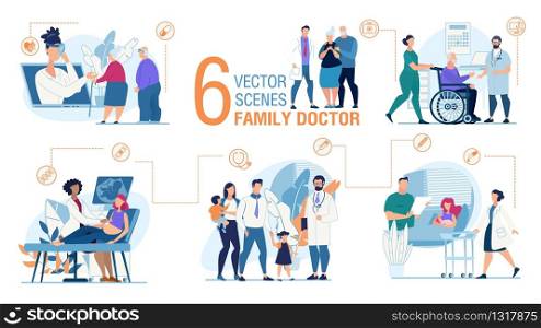 Family Doctor Work Trendy Flat Vector Scenes Set. Parents with Kids Visiting Pediatrician, Nurse and Old Man on Wheelchair, Doctor Screening Pregnant Woman, Advising Senior Couple Online Illustration