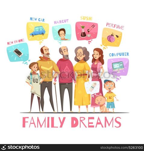 Family Dreaming Design Concept. Family dreaming design concept with icons of big family members and their dreams decorative images flat cartoon vector illustration