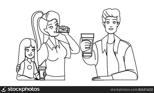family drinking water line pencil drawing vector. child mother, healthy drink, glass kitchen, home girl, woman happy lifestyle family drinking water character. people Illustration. family drinking water vector