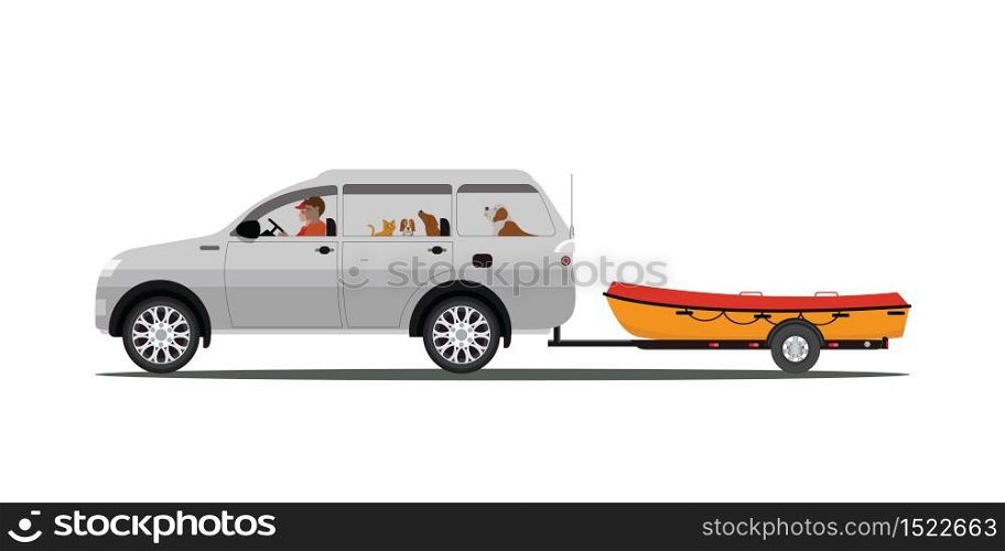 Family drives boat towing car isolated on white background, boat on a trailer, banner on the theme of fishing, camping, adventures in nature vector illustration.
