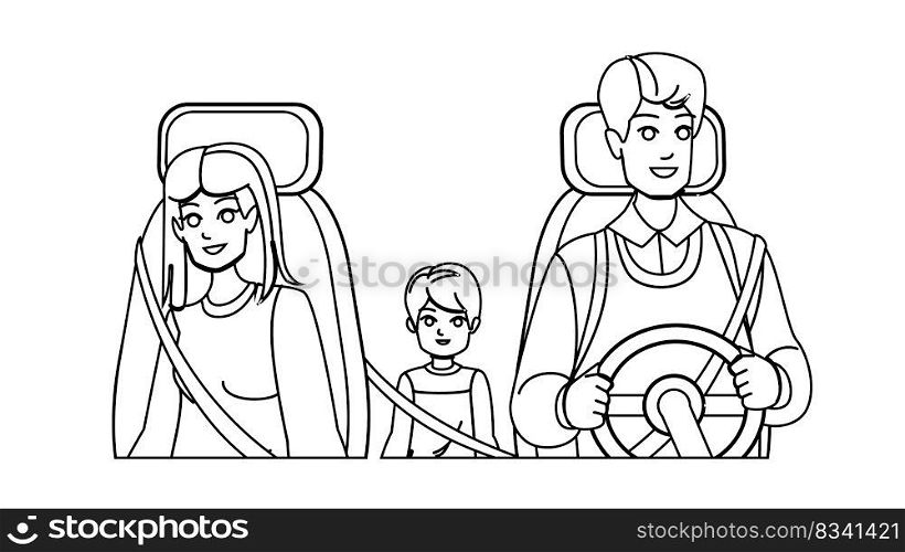 family driving line pencil drawing vector. car happy, man father, mother vacation, woman girl, drive travel, trip kid, summer fun, child auto family driving character. people Illustration. family driving vector