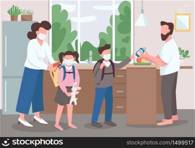 Family during quarantine flat color vector illustration. Parents and kids in medical masks. Mom and dad help children before school. Relatives 2D cartoon characters with interior on background