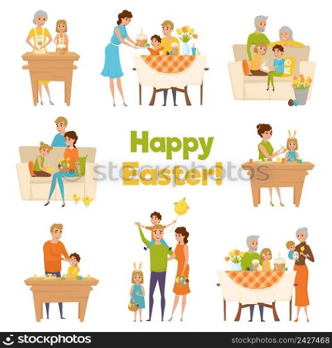 Family easter big set with flat cartoon characters of happy celebrating parents with children and grandparents vector illustration. Happy Easter Family Set