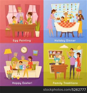 Family Easter Concept 4 Flat Icons . Family easter traditions 4 flat icons concept square composition with egg painting and dinner isolated vector illustrations