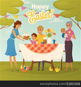 Family Easter Dinner Flat Poster. Happy easter celebration flat poster with family dinner outdoor with tulips and traditional cake flat poster illustration