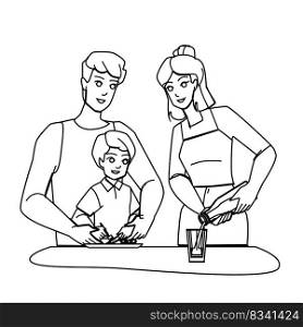 family eating breakfast line pencil drawing vector. father child, morning food, together mother, parent kitchen, table home, man smiling, happy, boy son family eating breakfast character. people Illustration. family eating breakfast vector