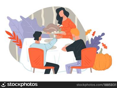 Family eating celebration lunch at home, thanksgiving holiday. Mom giving roasted turkey for sons, mommy and children gathered by table with plates. Traditions and customs, vector in flat style. Thanksgiving dinner of family, celebration of autumn holiday